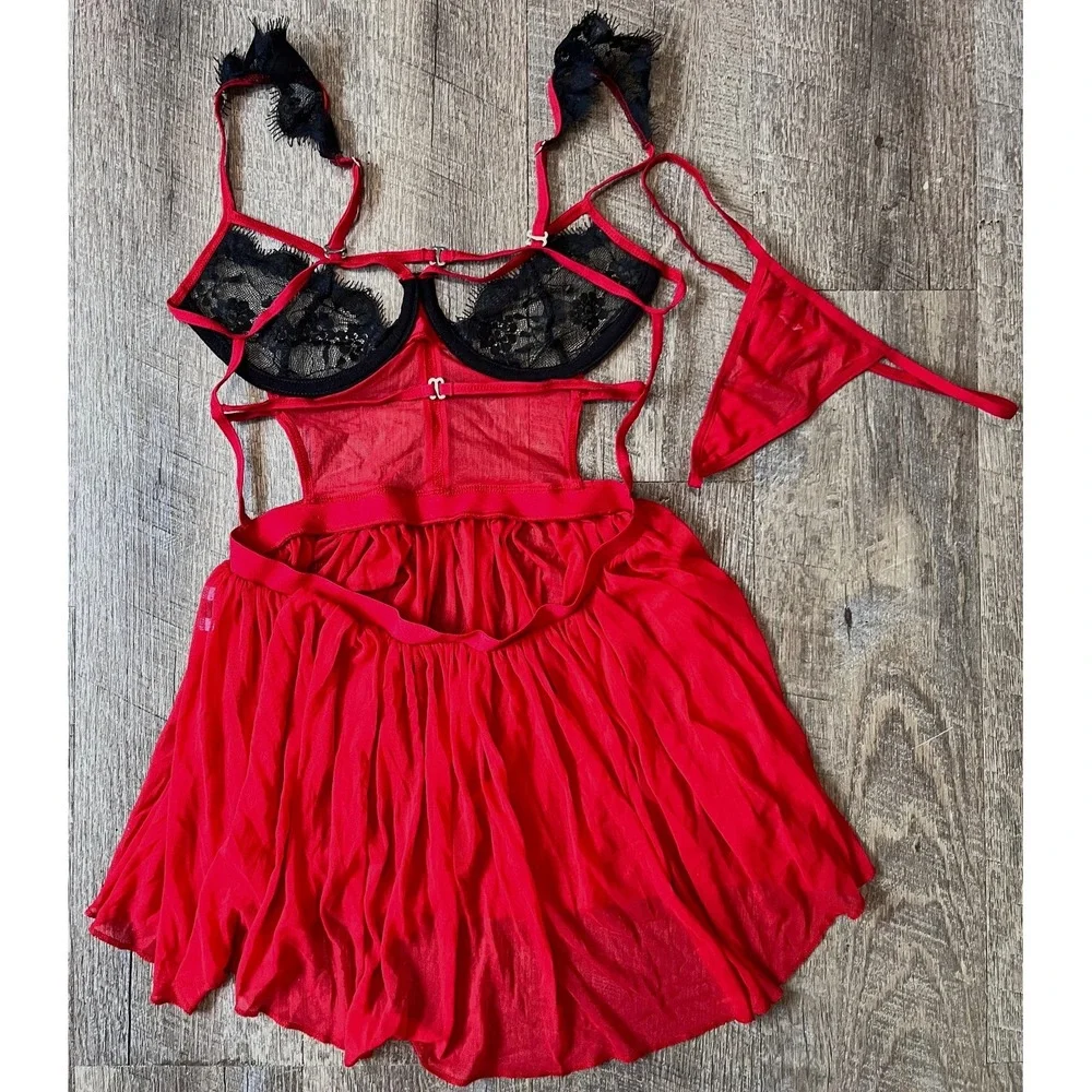 Red and black strappy 2 pc lingerie‎ teddy mesh lace babydoll sexy size S/M